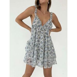 Commense Breezy Floral Babydoll Backless Knotted Ruffle Straps Boho Chic VNeck S